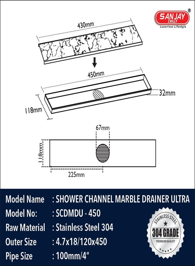 SANJAY CHILLY Shower Drainer Channel Tile Insert Floor Drainer Waste Water Drain Bathroom 304 Stainless Steel with Collar and Cockroach Trap (18x4 INCH) (Center Hole) - Image 3